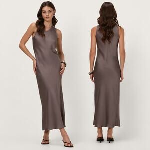 JAKI London Sabrina Sleeveless Satin Maxi Dress Crew Neck Slip Mink Gray NWT